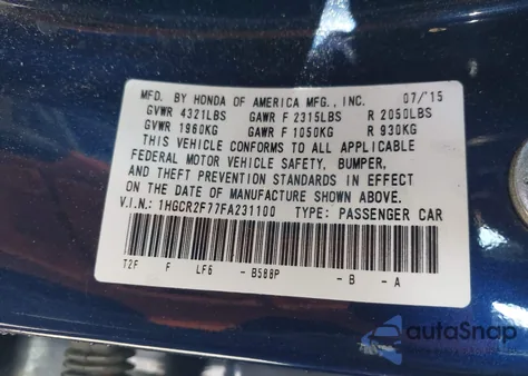 2015 Honda Accord Ex z USA, uszkodzony, nr VIN 1HGCR2F77FA231100